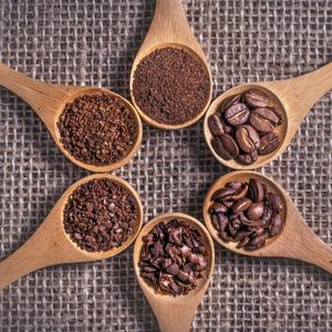 top view of 6 wooden spoons with coffee of different levels of grind to show why buy fresh roasted coffee